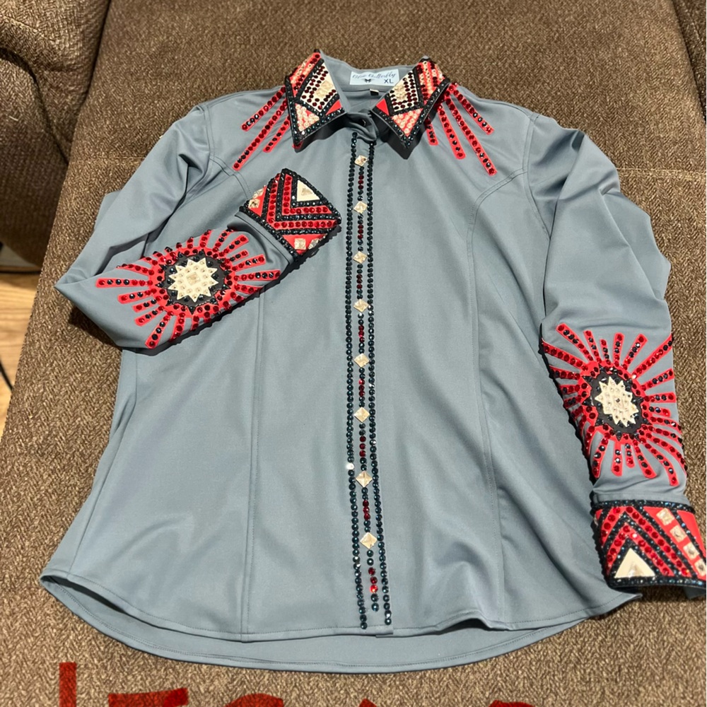 Rhinestone Embellished Light Blue zip up Shirt western show or rodeo queen